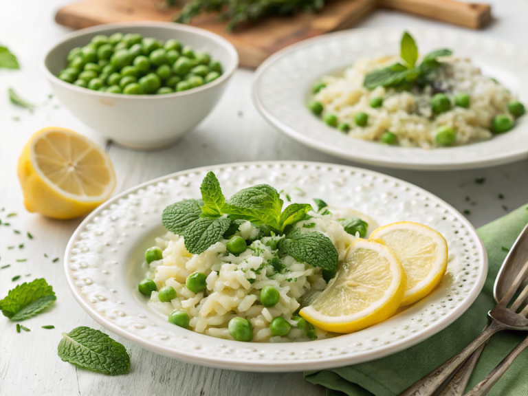 Creamy spring pea risotto with lemon and mint recipe