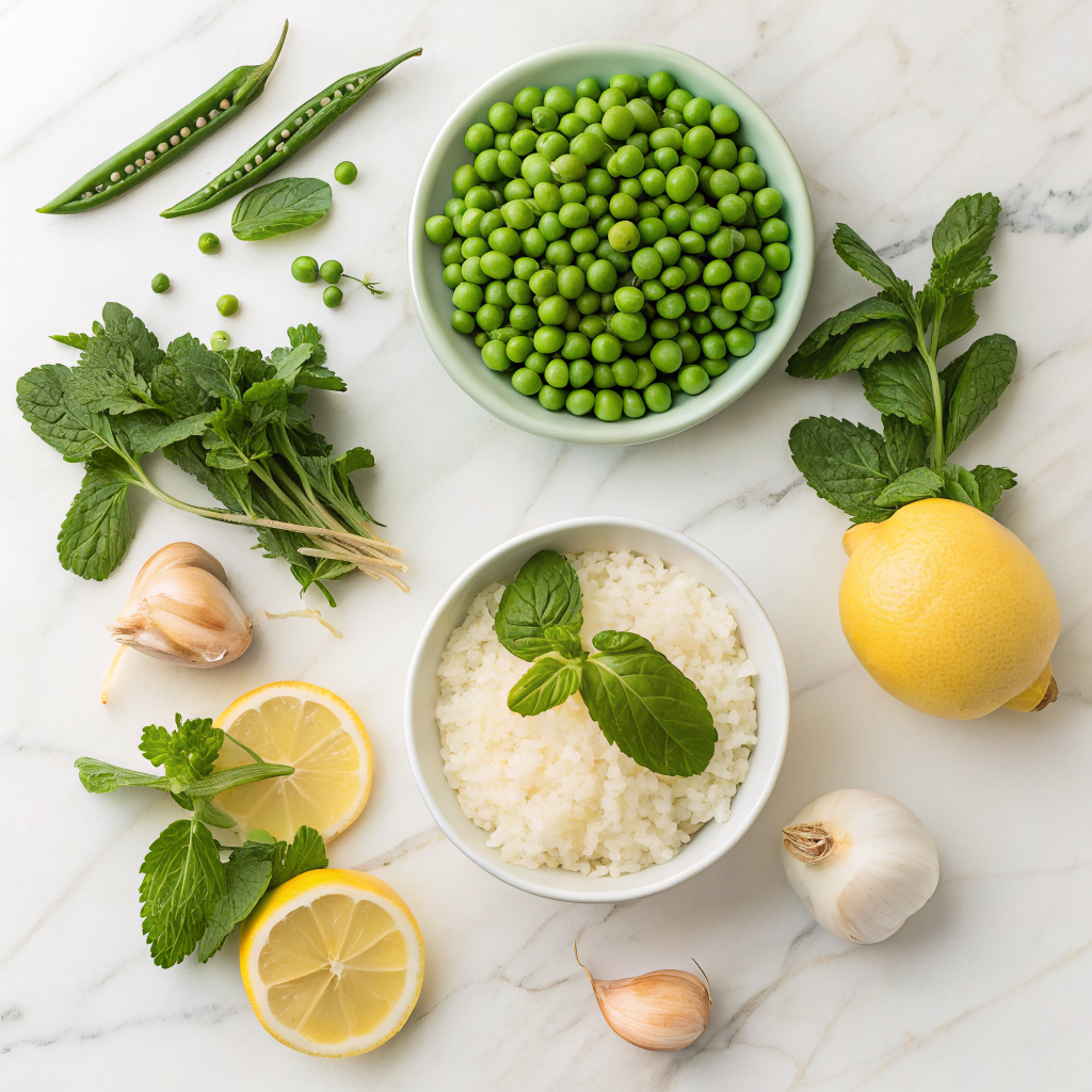 Creamy spring pea risotto with lemon and mint ingredients