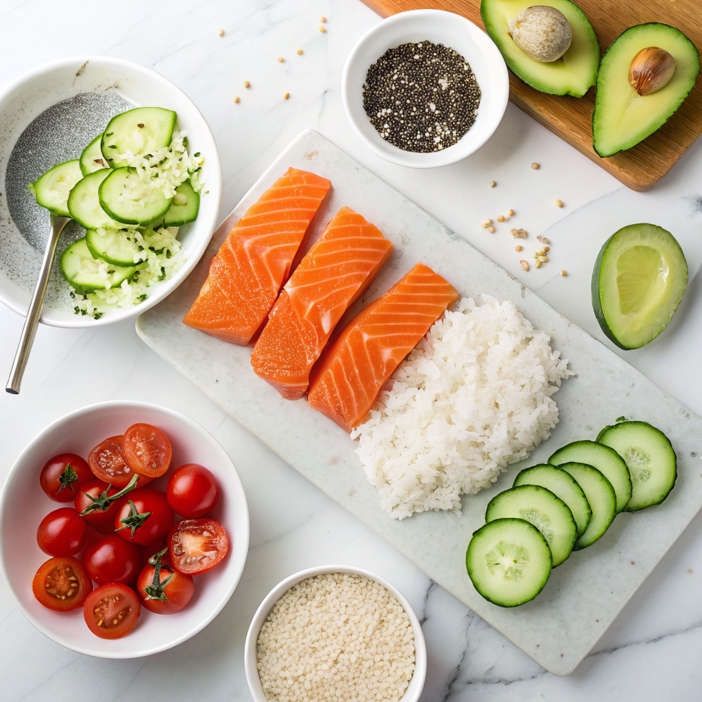 Crispy salmon rice bowls ingredients