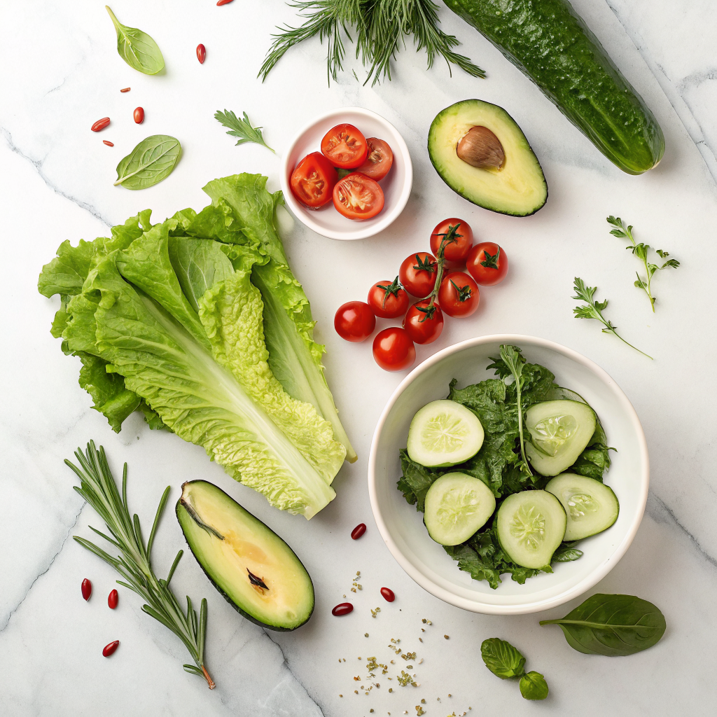 Green goddess salad ingredients laid out on marble surface
