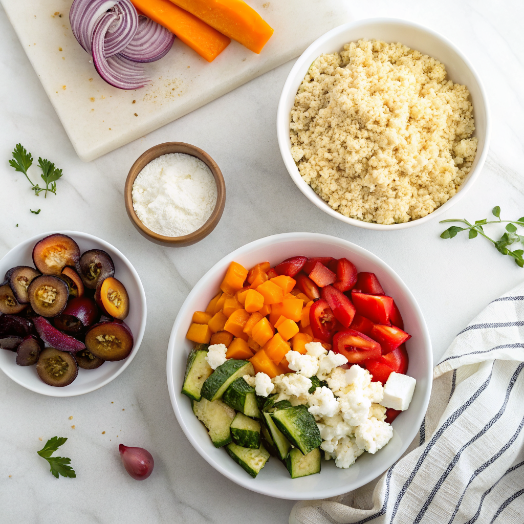 Quinoa with roasted vegetables and feta ingredients