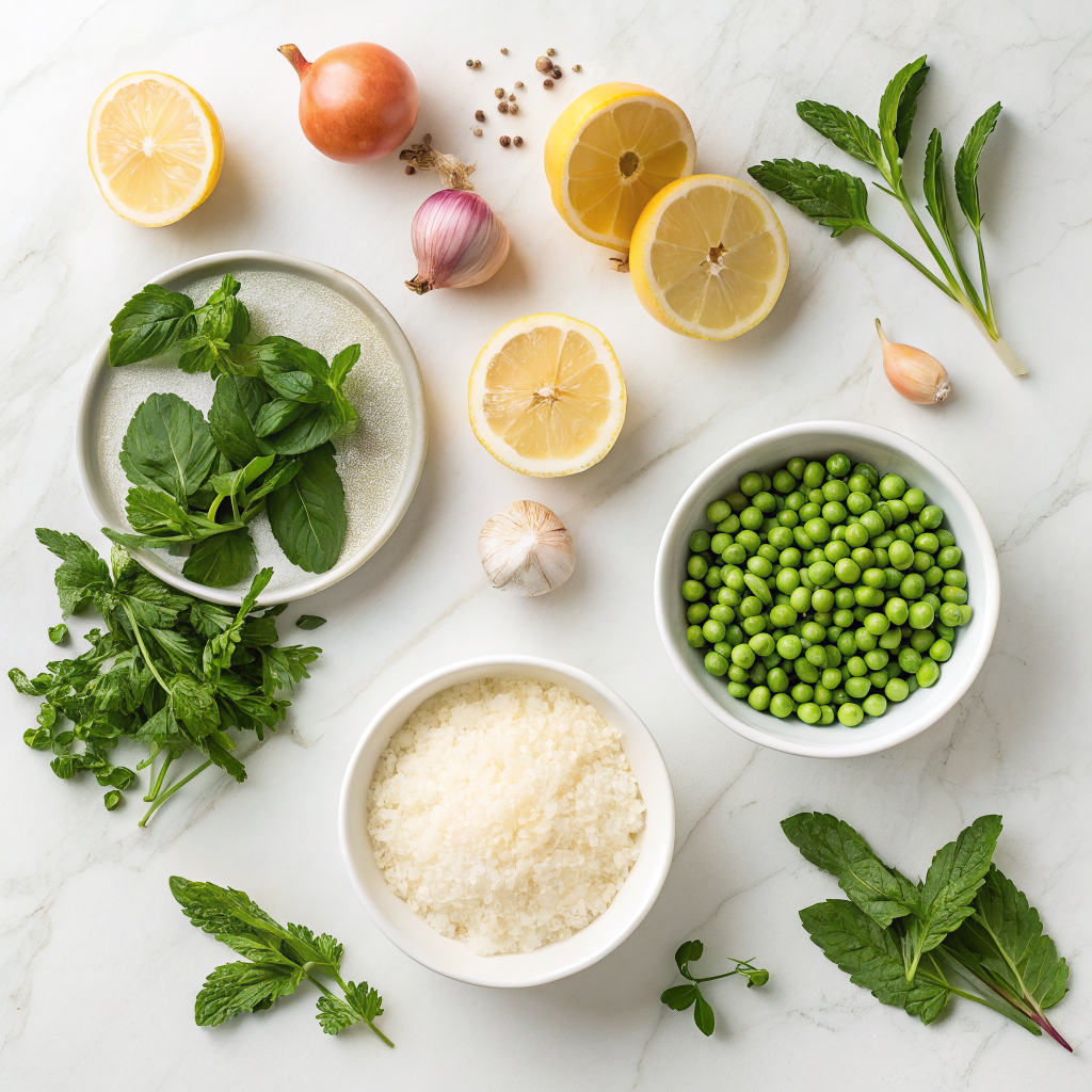 Spring pea risotto with lemon and mint ingredients