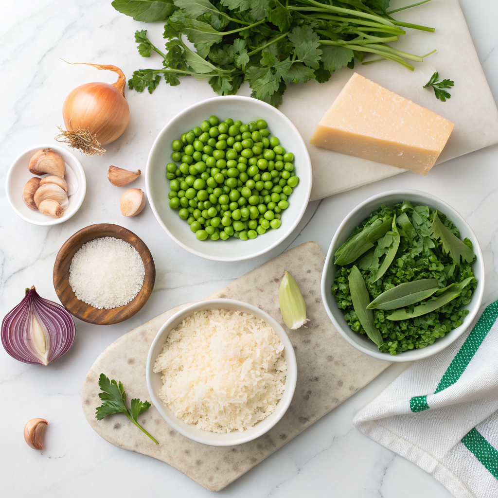 Spring pea risotto with parmesan ingredients