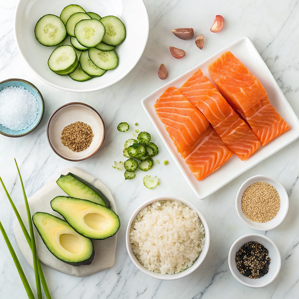 Salmon rice bowl ingredients laid out on marble surface