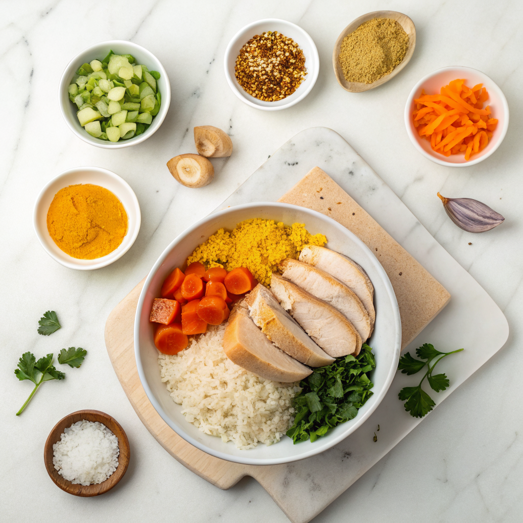Anti inflammatory bowl with turmeric chicken and rice ingredients