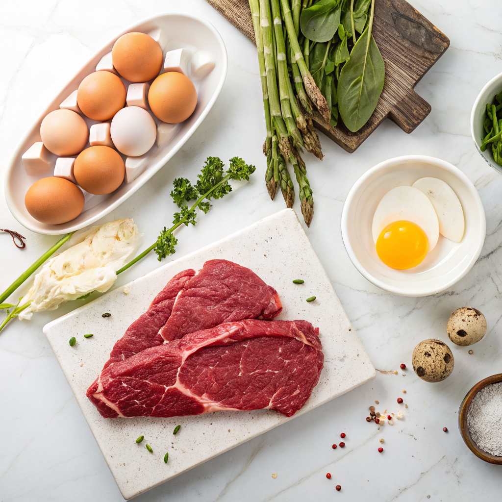 Carnivore diet meal steak with eggs ingredients