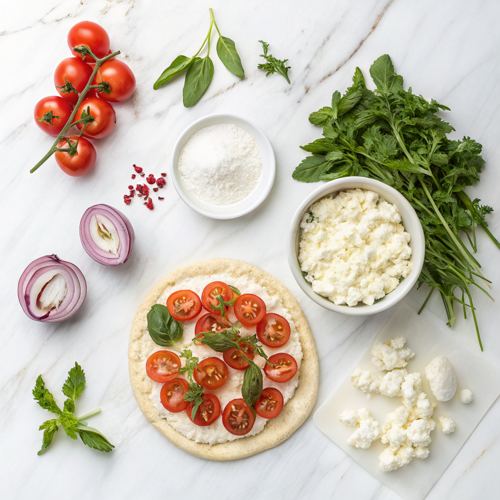 Cottage cheese pizza with herbs ingredients