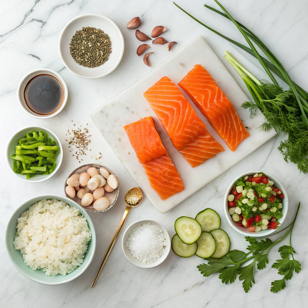 Crispy rice salmon salad ingredients