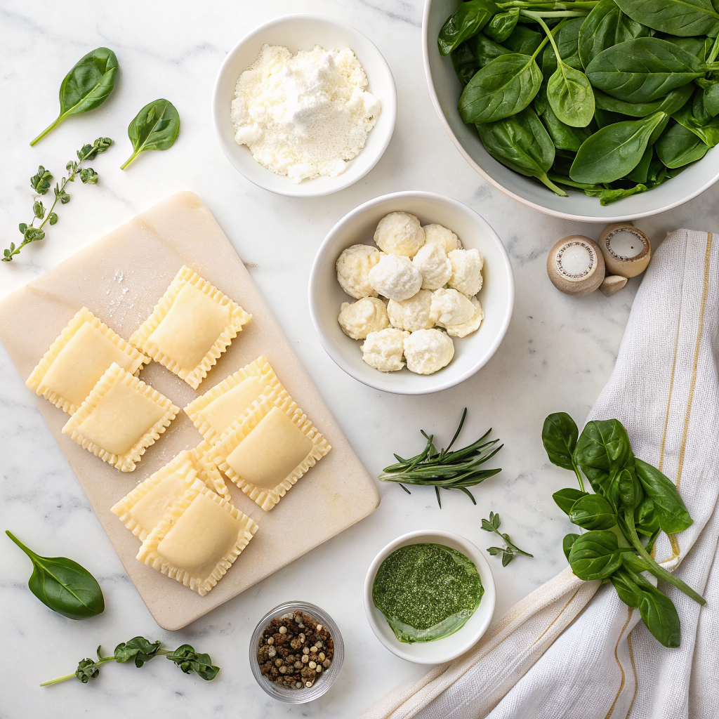 Dumpling lasagna with ricotta and spinach ingredients