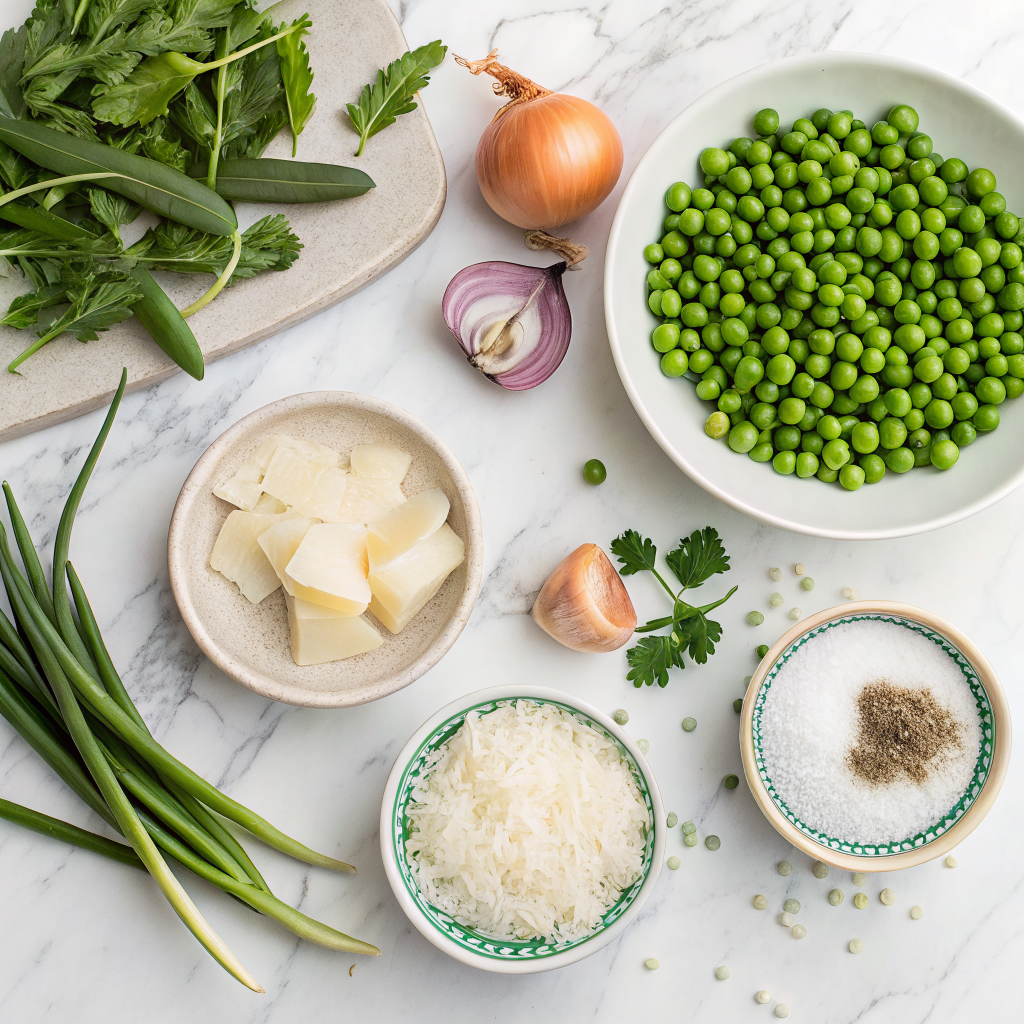 Spring pea risotto with parmesan ingredients