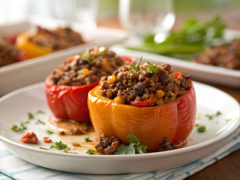 Savory beef and lentil stuffed peppers