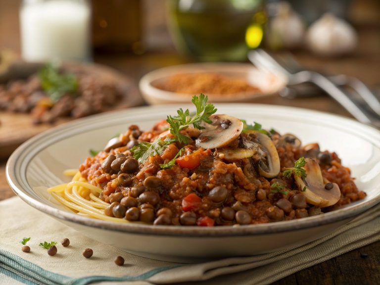 Savory lentil and mushroom bolognese