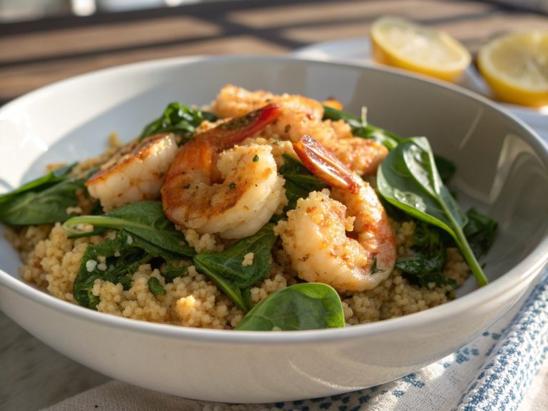 Zesty garlic shrimp & spinach quinoa bowl