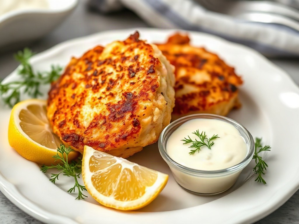 Crispy air fryer salmon cakes with lemon dill aioli recipe photo