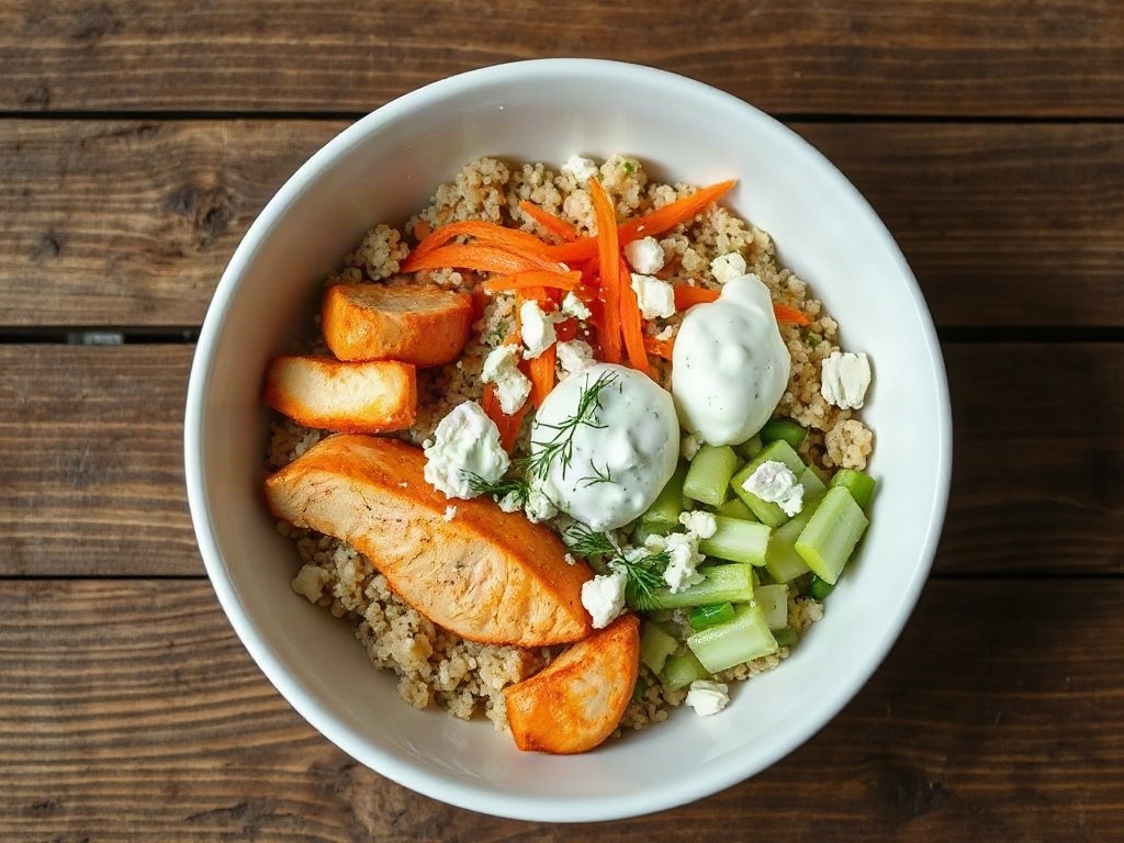High-protein buffalo chicken bowl recipe photo