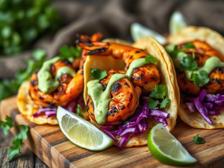 Crispy blackened shrimp tacos with avocado crema
